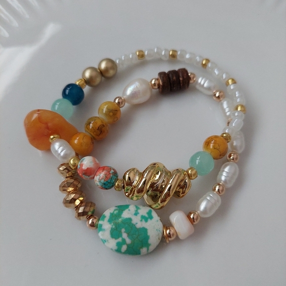 Hand Crafted Jewelry - Handcrafted Jewelry Bracelet Set Semiprecious Crystals